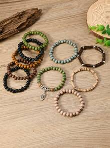 10pcs Bohemian Style Handmade Wood Beaded Bracelets, Couples Bracelet Gift Set