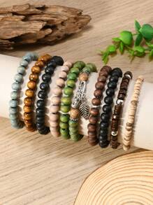 10pcs Bohemian Style Handmade Wood Beaded Bracelets, Couples Bracelet Gift Set