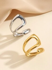 Conjunto de 2 anéis abertos vazados em aço inoxidável, elegantes, simples, dourados e prateados, adequados para mulheres usarem diariamente ou presentearem