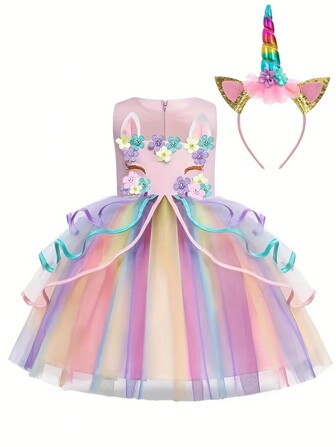 Tween Girl Unicorn Princess Dress Lovely Floral Unicorn Print Tulle Puffy Princess Dress With Mesh Child Dress, Suitable For All Seasons