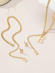 1 套 2024 流行时尚金属链 26 字母项链、手链和耳环首饰套装，适合女性日常佩戴的百搭配饰 - 金色 - 查看 9