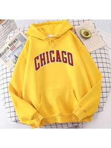 Chicago American City Kangaroo Sweatshirt Custom Flannel Cotton Hoodie With Pocket Various Colors - 黑色 - 查看 2