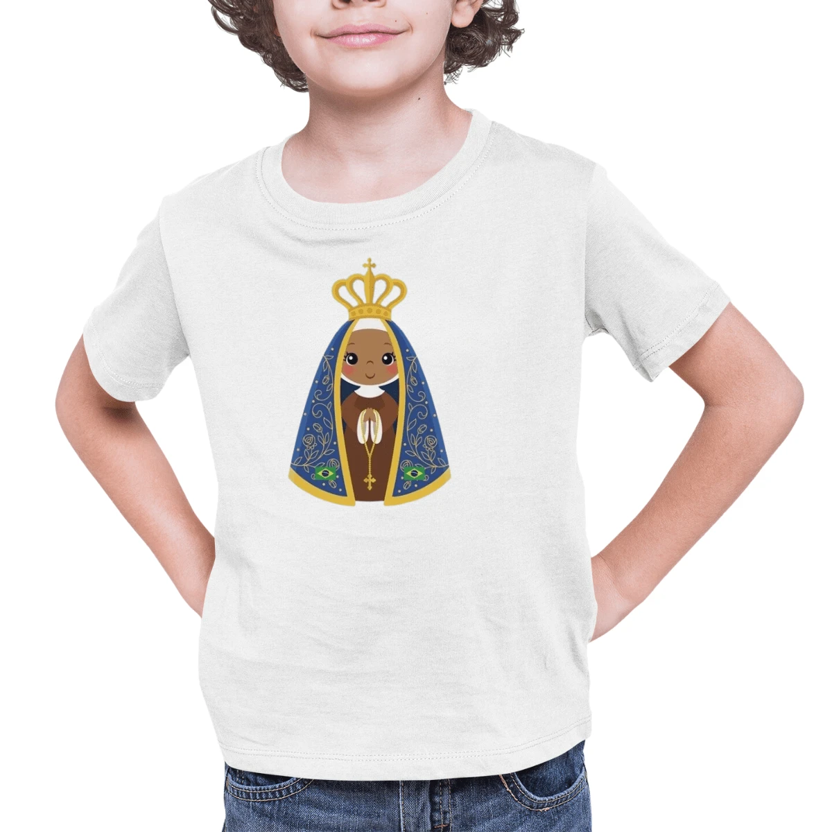 Cotton T-Shirt Short Sleeve Round Neck Children's Youth Lion Of Judah Cross Print 06 To 16 - 白色 - 查看 1