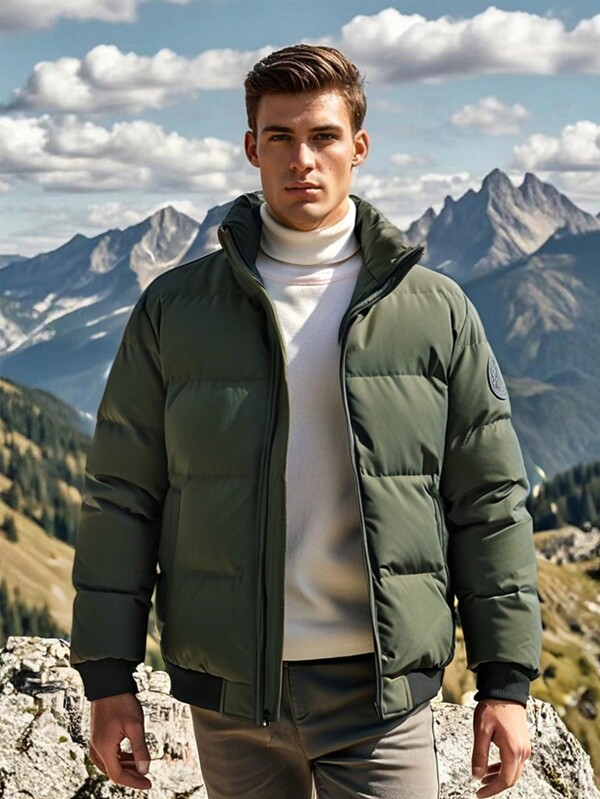 1 Jaqueta masculina para outono e inverno, gola alta verde militar, jaqueta grossa e quente, casual e versátil