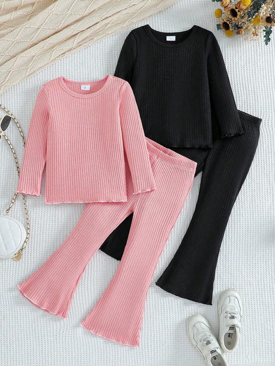 4pcs Young Girl Solid Color All-Match Crew Neck Long Sleeve Top And Flared Pants Warm Outfit Set - Black - View 1