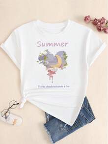 Blooming Flowers And Moon Printed T-Shirt Women's Comfortable Streetwear Blouse - trắng - Xem 1
