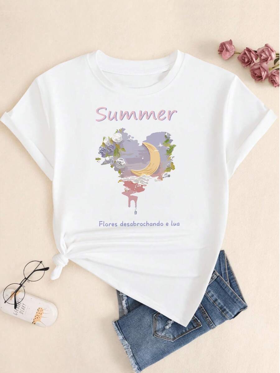 Blooming Flowers And Moon Printed T-Shirt Women's Comfortable Streetwear Blouse - trắng - Xem 1