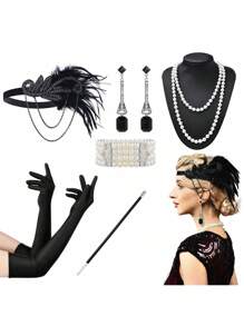 8pcs 1920s Gatsby Easter Headpiece Set: Feather Headband, Gloves, Pearl Necklace, Pearl Bracelet, Cigarette Holder, Long Earrings, Music Festival Party Vintage Costume Accessories, Mother's Day Gift - Black - View 18