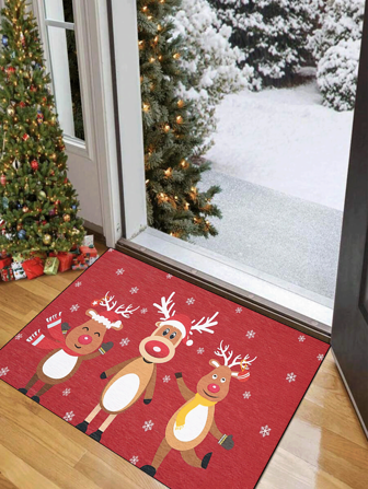 1 件“红色底座三只驯鹿在雪地圣诞节戴围巾”门垫、室内垫、地毯、创意门垫、入口主题垫、家居装饰、防滑地垫、卧室配件、摄影道具、户外装饰、地毯、区域地毯、礼物