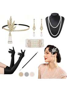 8 件 1920 年代 Flyby Gatsby 配饰套装，时尚咆哮的 1920 年代头饰，珍珠项链，手镯，耳环，手套，女士配饰万圣节装饰舞会