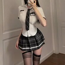 [上衣+裙子+领带+徽章] 派对/日常穿着合身学生 JK 制服服装，大码约会服装 - 煙灰jk制服 - 查看 4