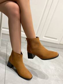 2024 Autumn/Winter European And American Fashion Round Toe Suede Thick Square Heel Back Zipper Women Boots - Brown - View 2