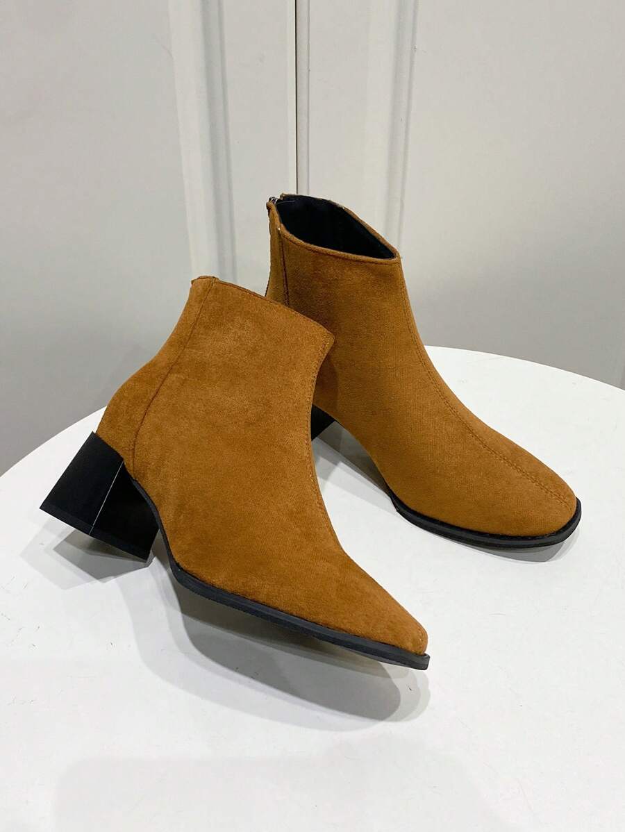 2024 Autumn/Winter European And American Fashion Round Toe Suede Thick Square Heel Back Zipper Women Boots - Brown - View 1