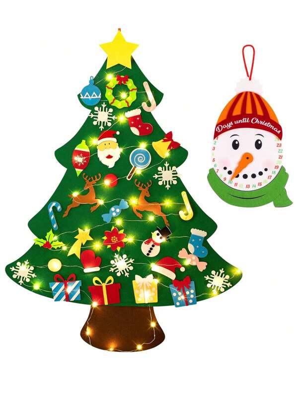 3ft DIY Lighted Felt Christmas Tree Set Plus Snowman Advent Calendar - Xmas Decorations Wall Hanging 33 Ornaments Gift With String Light (Batteries Not Included)