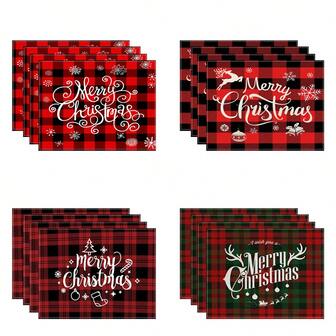 4 pièces Sets de table en tissu à motif quadrillé et éléments de Noël en 3D imprimés, Joyeux Noël