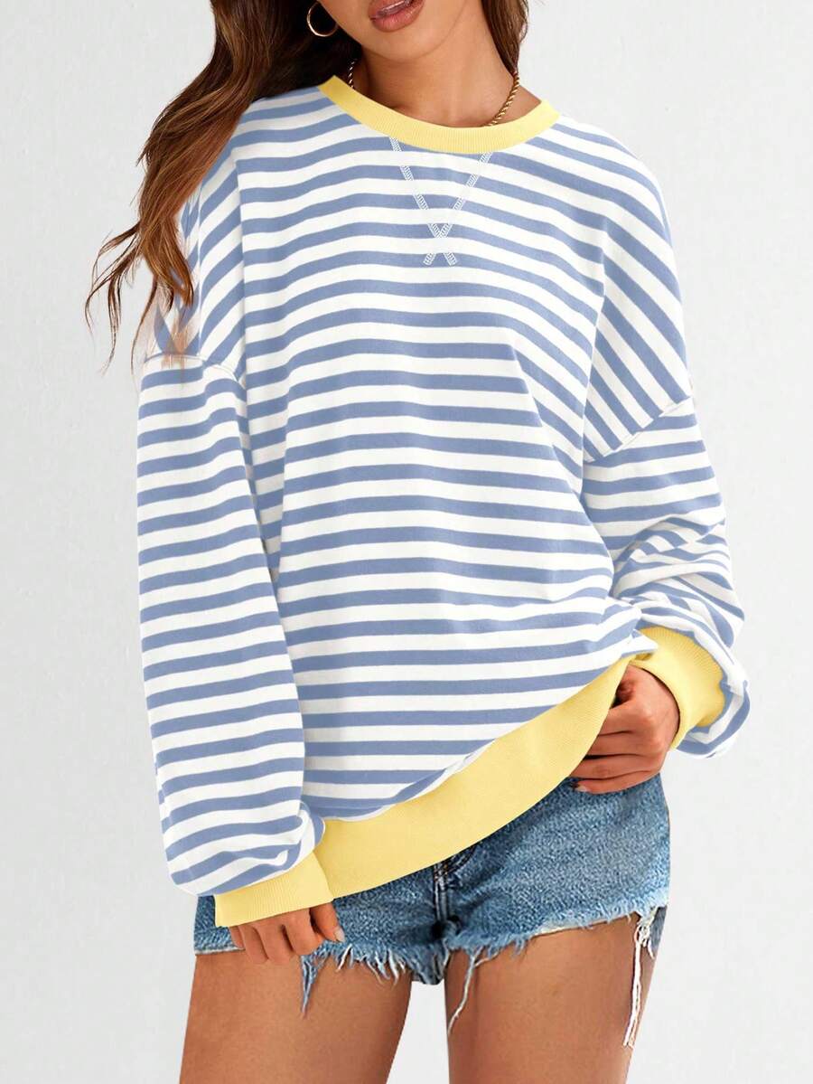 Women Casual Oversized Striped Sweatshirt Crewneck Long Sleeve Y2K Loose Pullover Shirt  Spring Fall Autumn Tops Clothes - Blue + beige - View 1