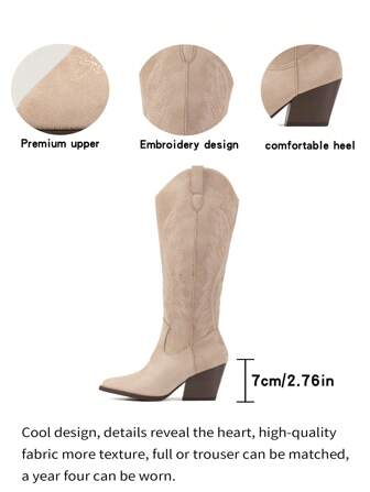 Suede Pointed Toe Embroidered Chunky Heel High Shaft Cowgirl Boots For Women, Fall/Winter,Western Style,Cowboy Boots