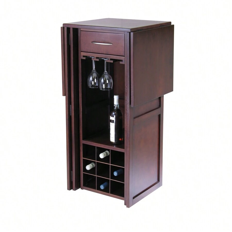 Expandable Walnut Wine Bar With Storage For 9 Bottles And Glasses
