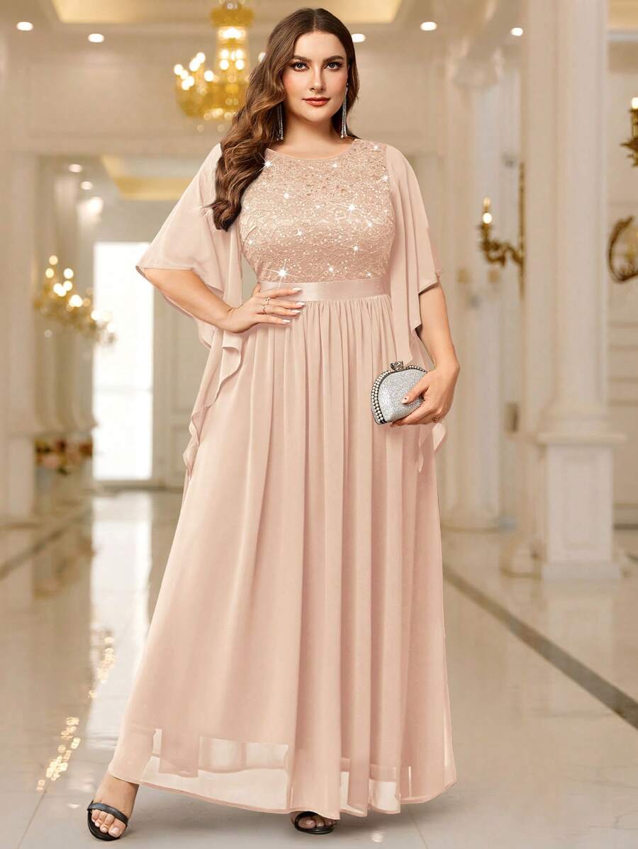 Váy dạ hội maxi ren đính sequin tay cánh bướm thanh lịch - Rượu sâm banh - Xem 1
