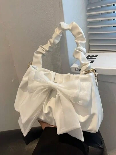 Lightweight,Business Casual Bow Decor Ruched Bag For Teen Girls Women College Students,Rookies & White-Collar Workers Perfect For Office,College,Work ,Business,Commute,Outdoors, Travel, Outings, Valentines, Fashionable Bow Purse For Women