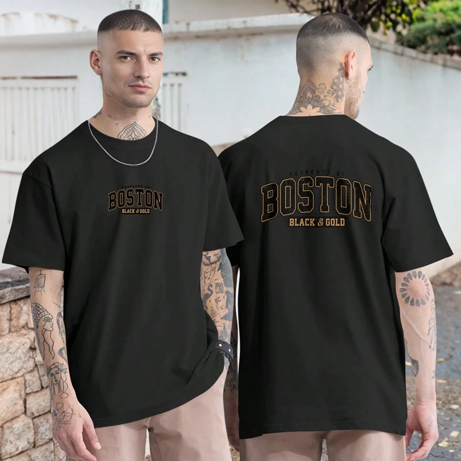 Boston City Black And Gold Oversized T-Shirt Casual Shirt Graphic Print Front And Back - 黑色 - 查看 1