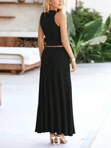 Women's Two-Piece Maxi Dress Set Casual Knit Vest High-Waisted Dress Set - 黑色 - 查看 5