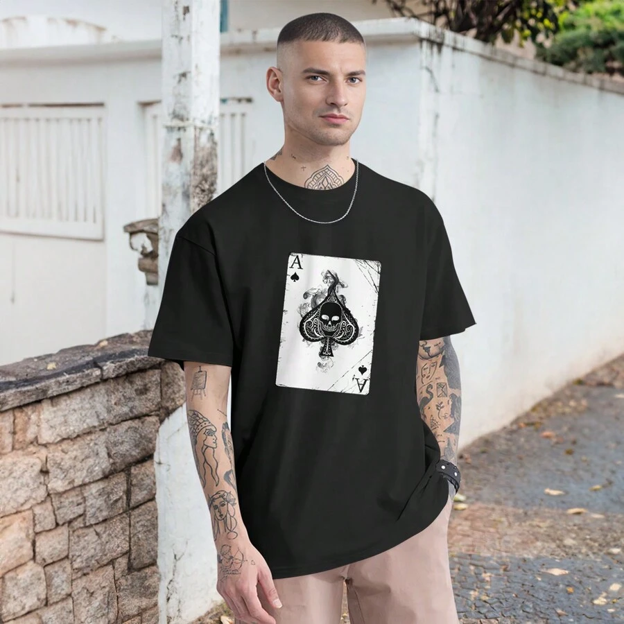Oversized Playing Card Graphic T-Shirt HD Print Casual T Shirt Streetwear 100% Cotton - màu đen - Xem 1