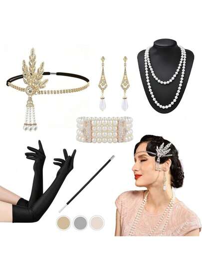 8 件 1920 年代 Flyby Gatsby 配饰套装，时尚咆哮的 1920 年代头饰，珍珠项链，手镯，耳环，手套，女士配饰万圣节装饰舞会