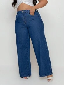 Plus Size Jeans With Plain Wide Leg Hem - 深色水洗藍 - 查看 1