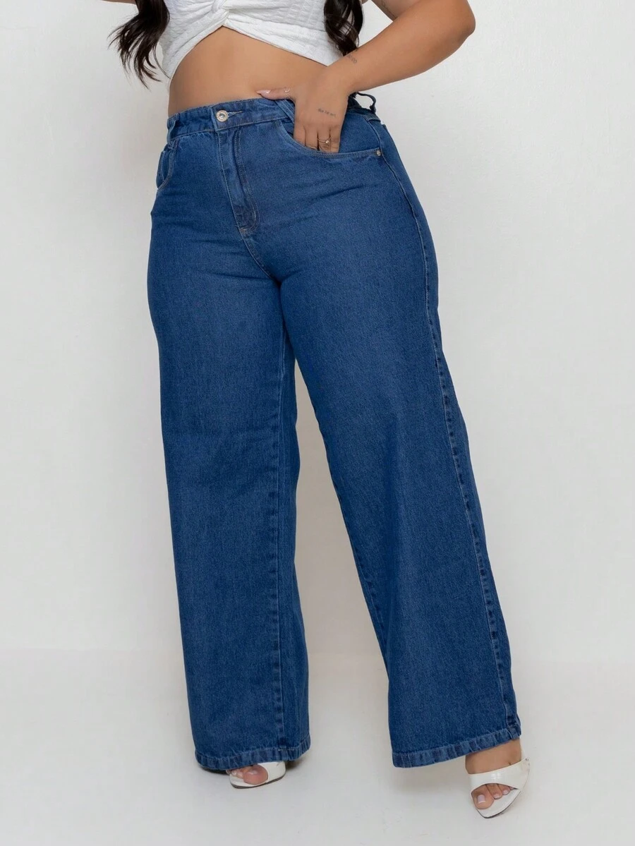 Plus Size Jeans With Plain Wide Leg Hem - 深色水洗藍 - 查看 1