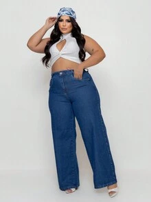 Plus Size Jeans With Plain Wide Leg Hem - 深色水洗藍 - 查看 4