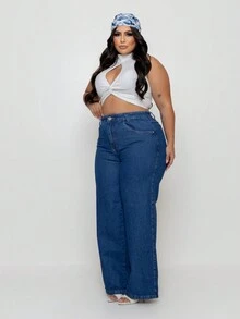 Plus Size Jeans With Plain Wide Leg Hem - 深色水洗藍 - 查看 2