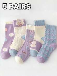 5 双装 卡通兔子装饰女童中筒袜 - 紫色 - 查看 3