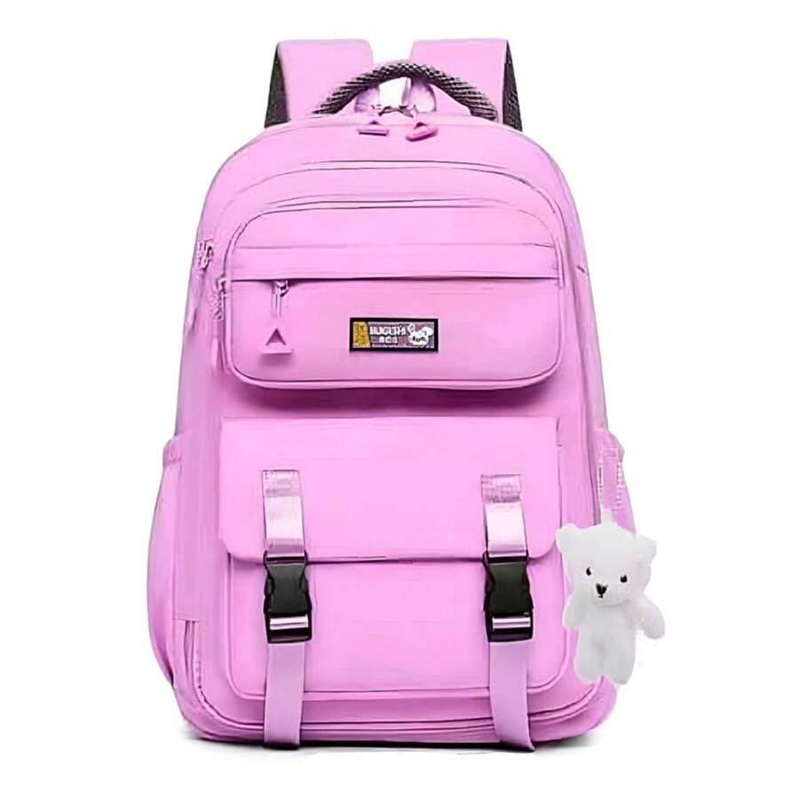 BACKPACK WITH TEDDY BEAR KEYCHAIN ON BACK FEMALE YOUTH CASUAL SCHOOL - 玫紅色 - 查看 1
