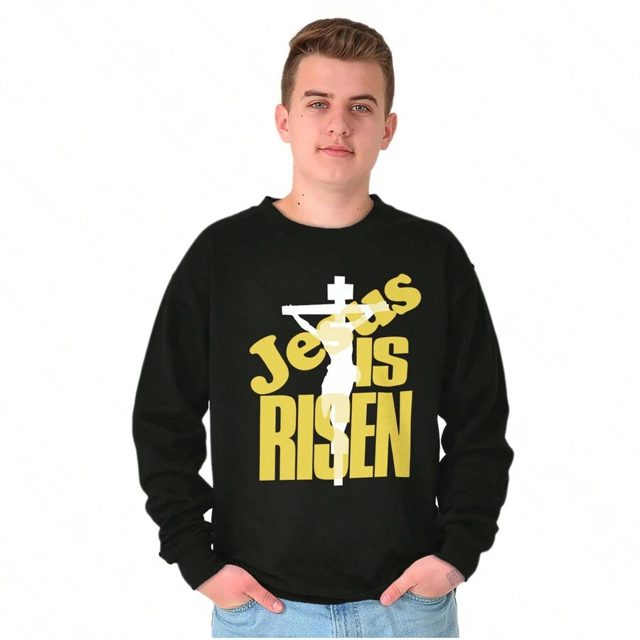 Christian Graphic Fleece Lined Crewneck Pullover Sweatshirt Spiritual Faith Saying Holy Worship Quote Jesus Is Risen Cross Slogan Casual Everyday Cotton Printed Thermal Lined Jumper