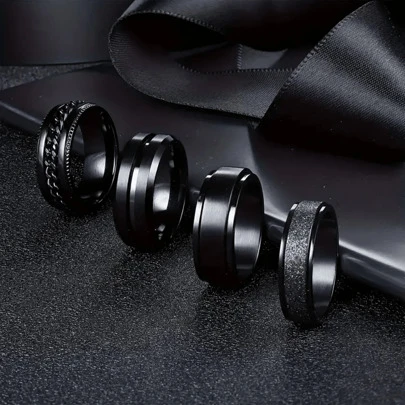 4 件/套黑色凹槽旋转戒指套装 - 男士不锈钢嘻哈时尚戒指 - 耐用、防过敏且舒适的戒指套装