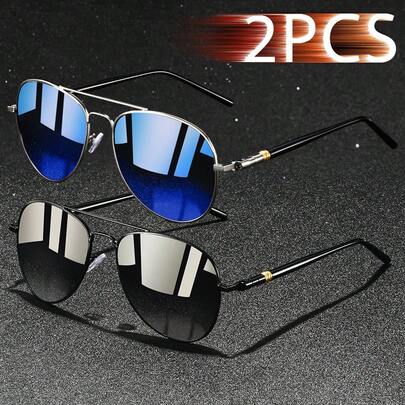 2 Pairs Classic Aviator Metal Frame Retro Oval Fashion Glasses , Luxury Brand Designer Fashion , Tropical Beach Resort Summer Pastel Color Rectangular , Shiny Material, Elegant Aesthetic Resort Attire, Suitable For Men Driving, Fishing, Travel, Shopping And Other Outdoor Leisure Occasions, Retro Travel Driving Fashion , (Note: The Case In The Picture Is Not Included)