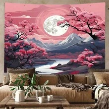 山月挂毯粉色樱花 78X59 英寸 90 克 房间装饰壁挂 涤纶樱花挂毯 适用于客厅卧室宿舍装饰 送给朋友男朋友女朋友的礼物 包含免费安装包 - 彩色 - 查看 3