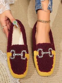 女士平底方头拼色一脚蹬穆勒鞋，毛绒家居/户外拖鞋，舒适适合派对、休闲场合、秋冬季 - 紅色 - 查看 6