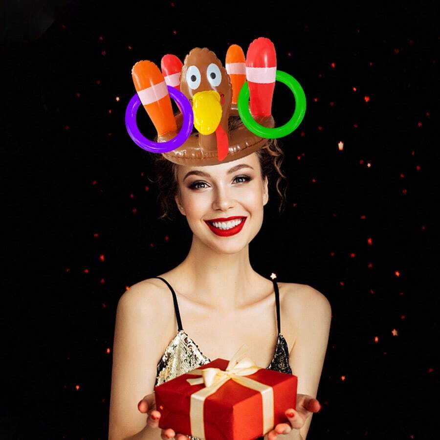 1 pieza Juego de anillos inflables para lanzar, sombrero de Turquía adecuado para fiestas grupales, incluye 4 anillos inflables - Café integral - Ver 1