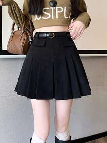 全新秋冬灯芯绒高腰修身 A 字褶皱迷你裙 - 黑色 - 查看 5