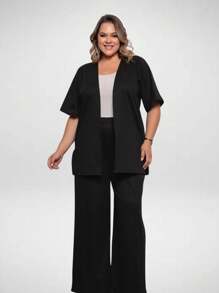 Women's Plus Size Kimono Cardigan In Premium Elegant Ribbed Knit - màu đen - Xem 1