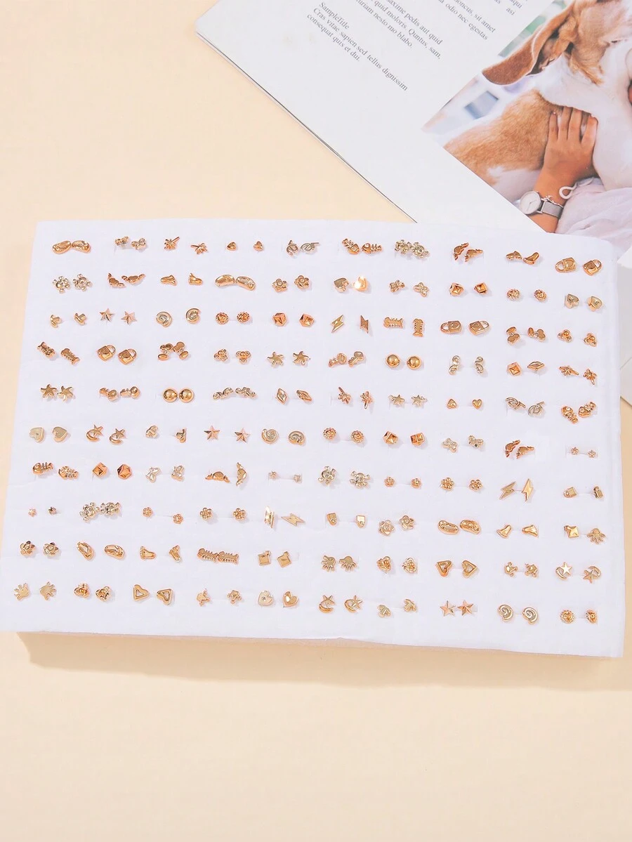 200 件简约时尚金色合金闪电、星形和心形耳钉套装，适合送给女性、朋友和家人的礼物 - 彩色 - 查看 1