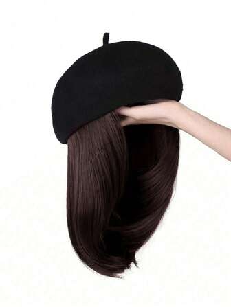 Hat Wig Beret Hat With Hair Extensions Classic French Fashion Hat Attached 16" Synthetic Straight Short Bob Hairpiece For Women Winter Warm Cap Wig Christmas Gift