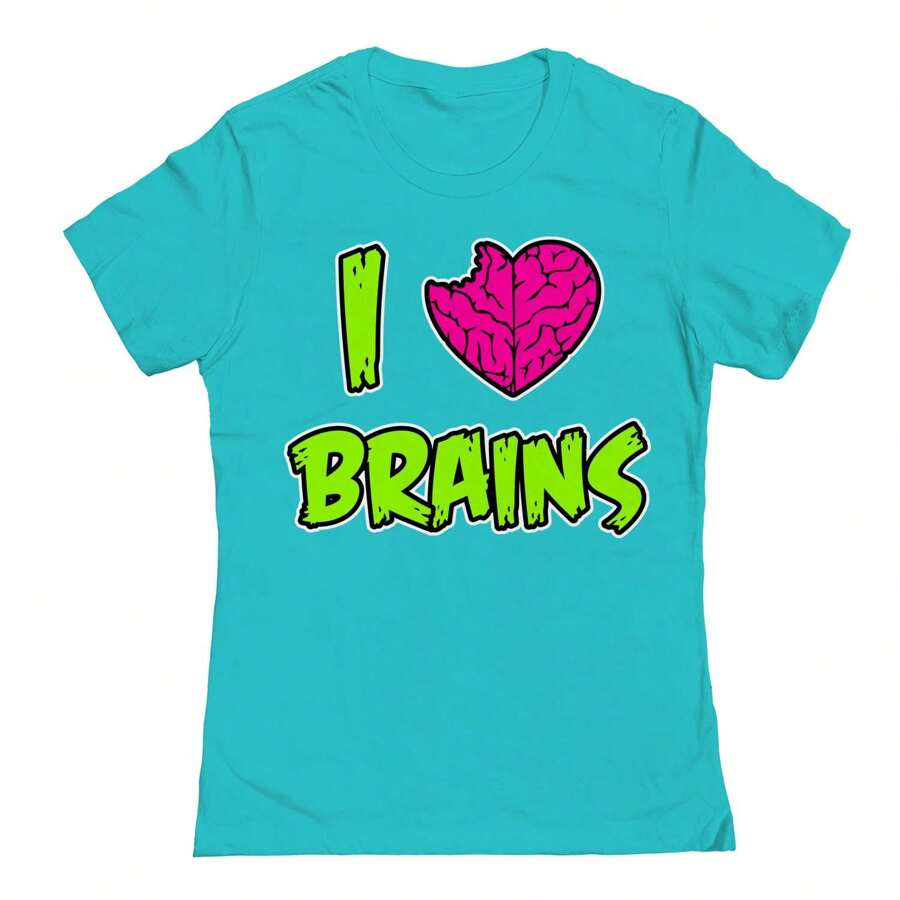 Nearly There I Heart Brains Graphic White Women Cotton Short-Sleeve T-Shirt - Màu xanh Tahiti - Xem 1