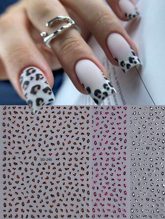 3 PCS Retro Chic Leopard Print 3D Nail Art Stickers Black White Pink Brown Winter Leopard Print Self-Adhesive 3D Decals Manicure Decoration Nail Supplies For Women Girl Autumn Winter Design