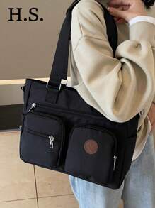 1 件黑色休闲时尚新款多口袋大容量单肩斜跨手提包，纯色复古学院风，适合学生、日常、度假、健身、时尚百搭，适合女性 - 黑色 - 查看 1