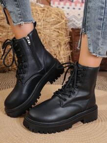 1 Pair Women's Lace-Up Front Zipper Side Mid-Calf Snow Boots, Black, Versatile, Platform 3cm Thick Sole, Waterproof