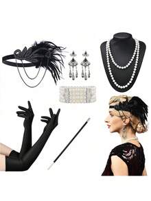 8pcs 1920s Gatsby Easter Headpiece Set: Feather Headband, Gloves, Pearl Necklace, Pearl Bracelet, Cigarette Holder, Long Earrings, Music Festival Party Vintage Costume Accessories, Mother's Day Gift - Black - View 22