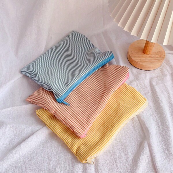 1 pièce Sac cosmétique vintage à carreaux, pochette de rangement minimaliste grande capacité, essentiels de voyage, essentiels de vacances